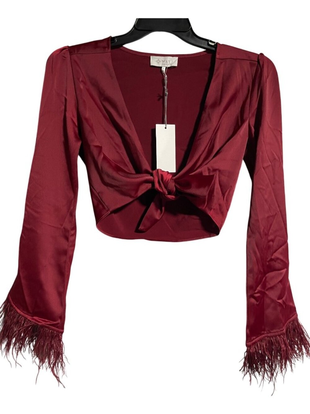 WAYF Red Feather Trim Satin Crop Top Womens S Tie Front Fringe Edgy Goth